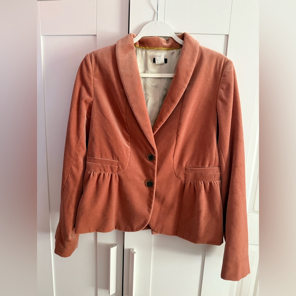 J Crew Coral Eden Velvet Button Up Blazer. Size 10. Used but great condition.